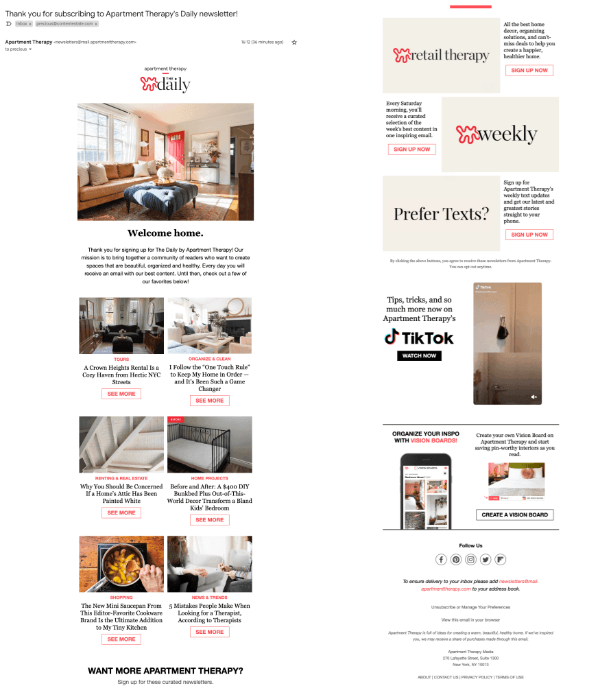 Apartment therapy newsletter sent to their email subscribers